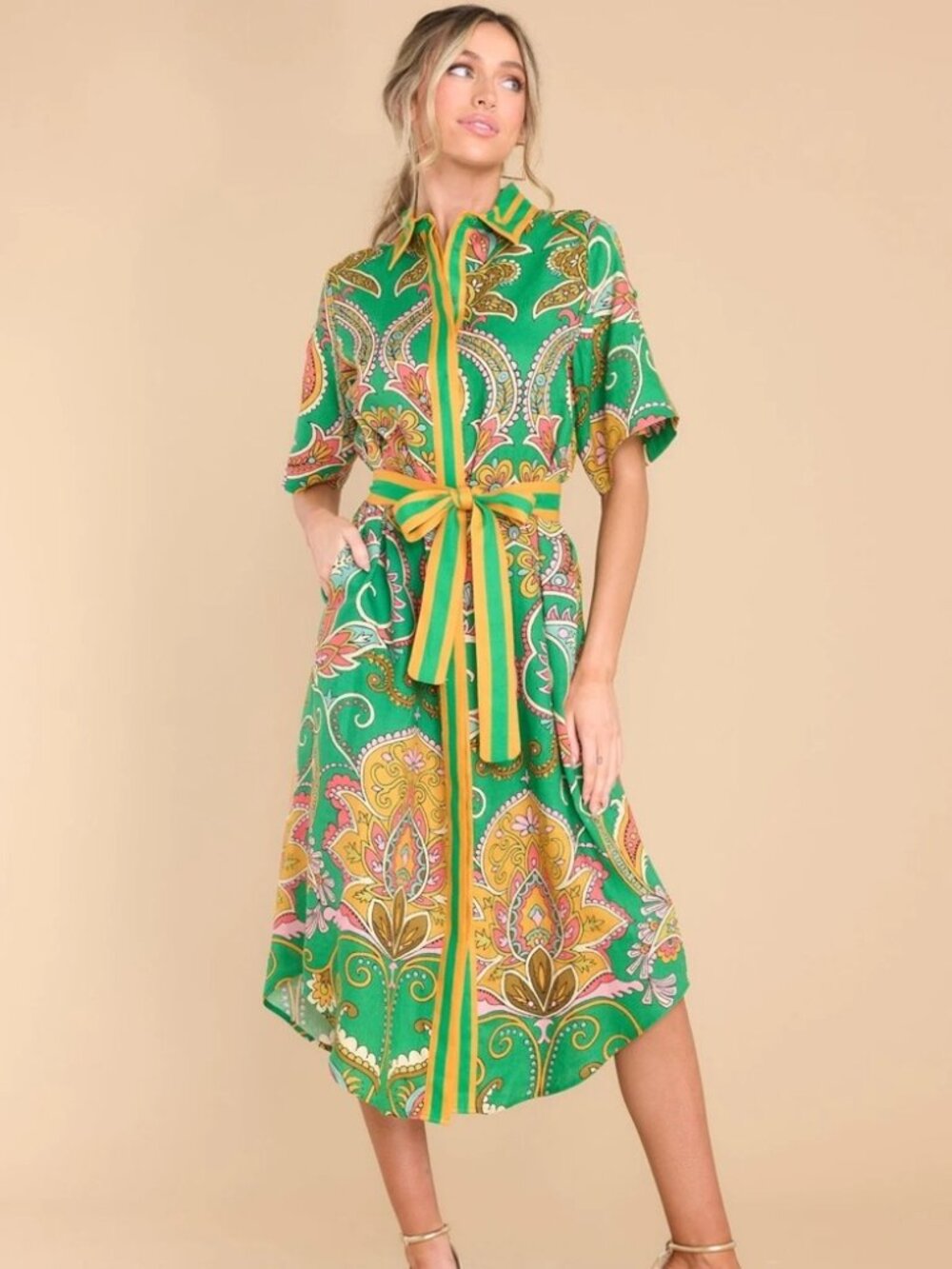 Alemais Marion Paisley Print Linen Belted Shirtdress
